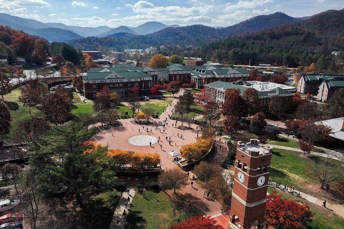 Aerial view of campus during the fall