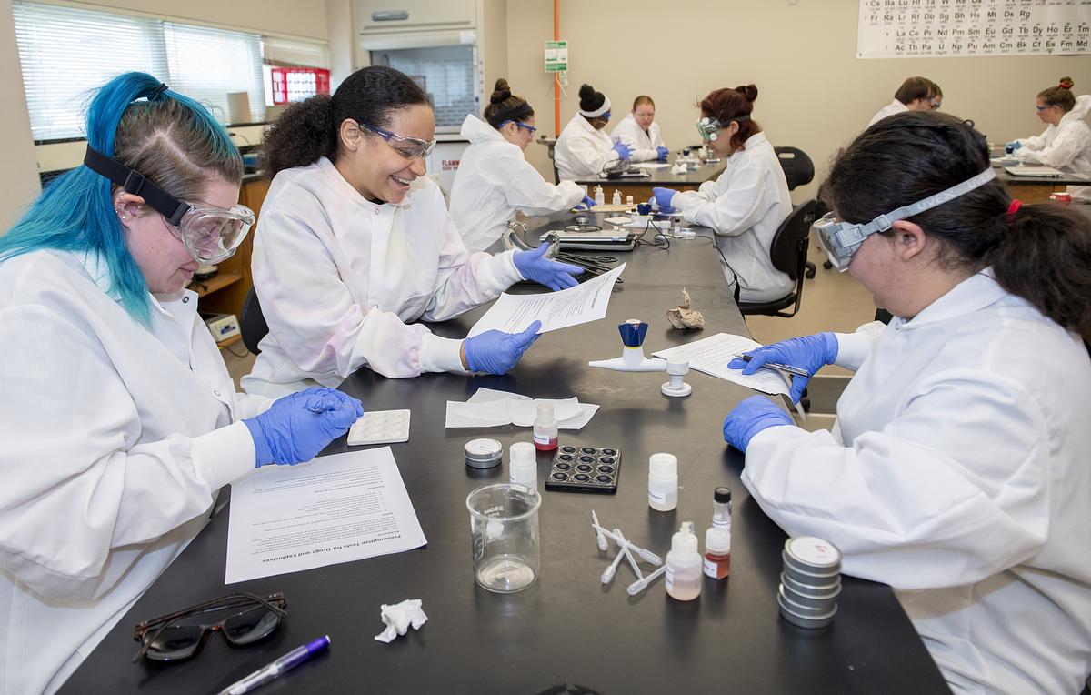 Forensic science students working together in class at a lab table with materials and testiing equipment 