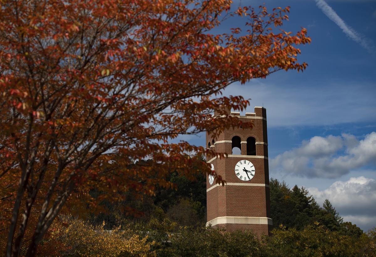 Alumni tower in the fall on a beautiful clear day