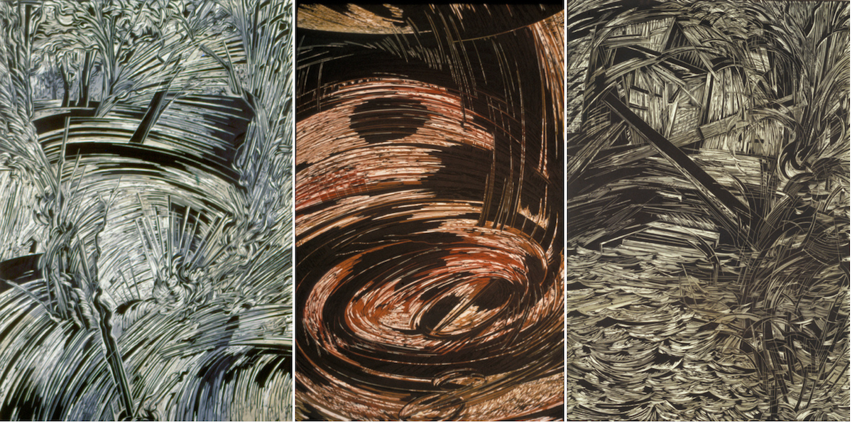 Black-and-white, highly textured print depicting a chaotic, layered scene of splintered wooden structures and dense vegetation. In the upper portion, an angular, partially collapsed building emerges from a tangle of broken planks and beams. The foreground is filled with swirling, wave-like carved lines suggesting ground or water, while sharp, overlapping marks create a sense of motion and fragmentation. The composition is dense and abstracted, with jagged lines and intricate patterns dominating the entire surface, giving the image a turbulent and dramatic atmosphere.